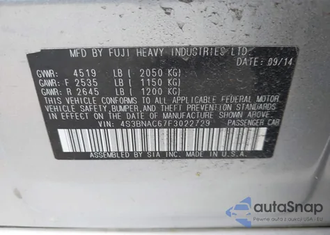 2015 Subaru Legacy 2.5I Premium из США, поврежденный, VIN 4S3BNAC67F3022729